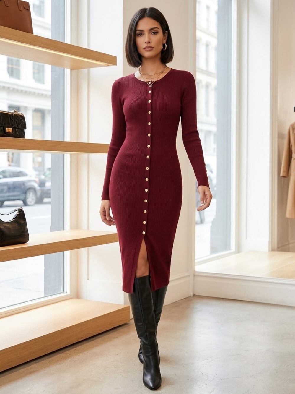 Ribbed Button-Front Long Sleeve Dress in Burgundy